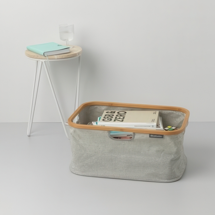 Storage Basket with Bamboo Rim, Foldable, BRABANTIA, 36 x 54 x H 26,5 cm, Grey / Nature