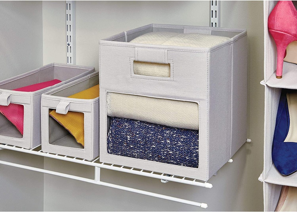 Storage bin with window, EVIE CUBE, 27,5 x 27,5 x H 28 cm, Light Grey