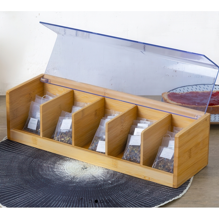 Storage Box for Tea Bags, BAMBOO TEA BOX, 5 fack, 36 x 11 x H 9,5 cm, Nature / Clear
