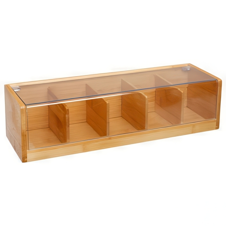 Storage Box for Tea Bags, BAMBOO TEA BOX, 5 fack, 36 x 11 x H 9,5 cm, Nature / Clear