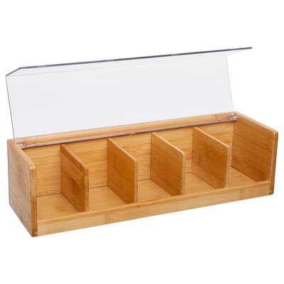Storage Box for Tea Bags, BAMBOO TEA BOX, 5 fack, 36 x 11 x H 9,5 cm, Nature / Clear