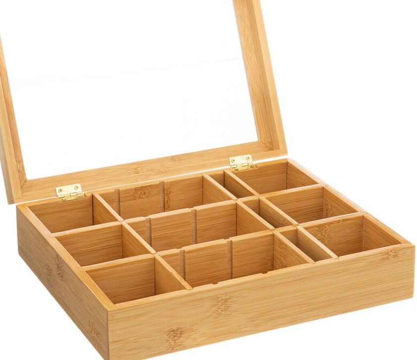 Bin with Compartments, LARGE BAMBOO TEA BOX, 28 x 23 x H 7 cm, Nature 