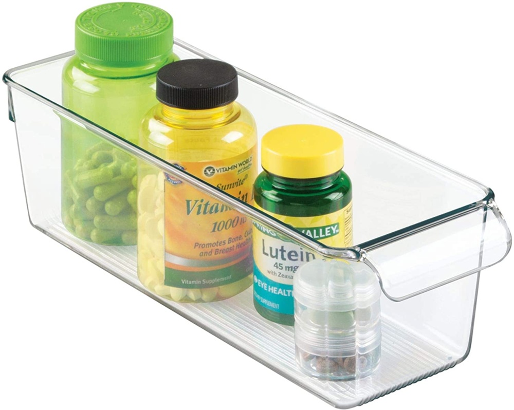 Storage box with handle, Slim, PULLZ SMALL ORGANISER, 29,2 x 10,2 x H 9 cm, Transparent