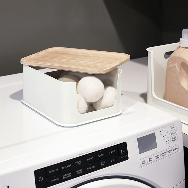 Storage Bin with wooden lid, ECO OPEN FRONT, 21,5 x 30,5 x H 14 cm, Offwhite / Nature