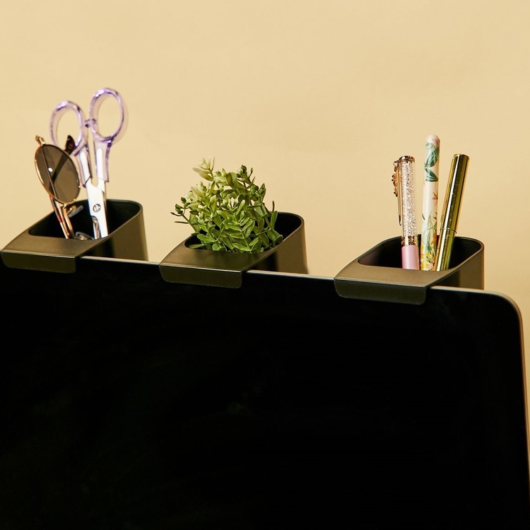 Storage cups witt hooks, Set of 3, SCREEN TIDY POTS, Kikkerland, Black