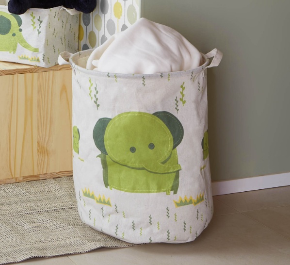 Storage Bag, ELEPHANT TOY BASKET, Ø 35 x H 45 cm, White / Greem