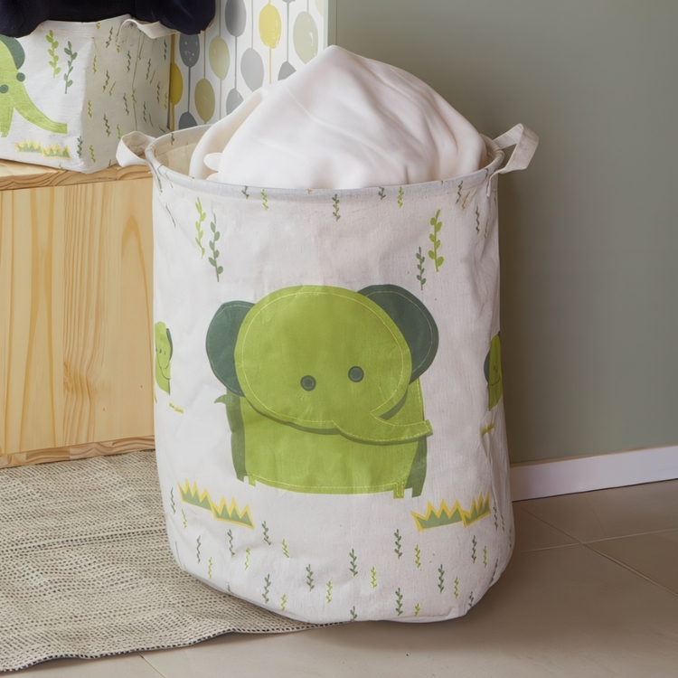 Storage Bag, ELEPHANT TOY BASKET, Ø 35 x H 45 cm, White / Greem