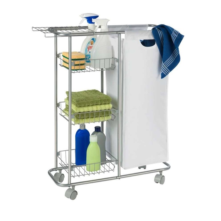 Storage trolley with bag, SLIM SAMMELWAGEN, 58 x 20 x H 80 cm, Silver Grey