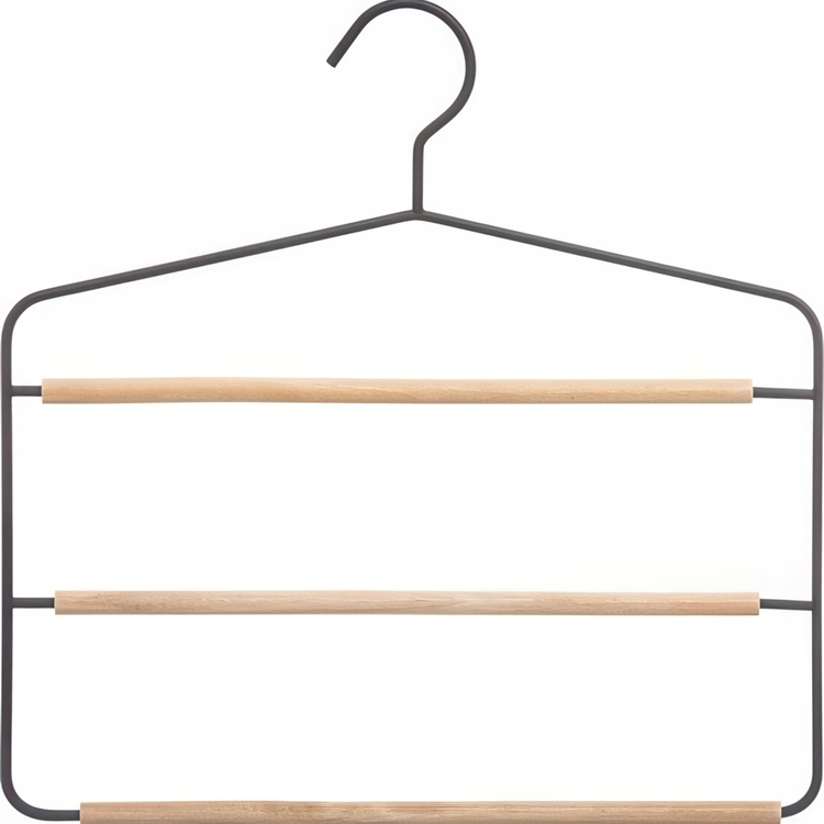 Hanger, Metal and Wood, STRONG 3-PANTS HANGER, 34 x H 36 cm, Black / Nataural