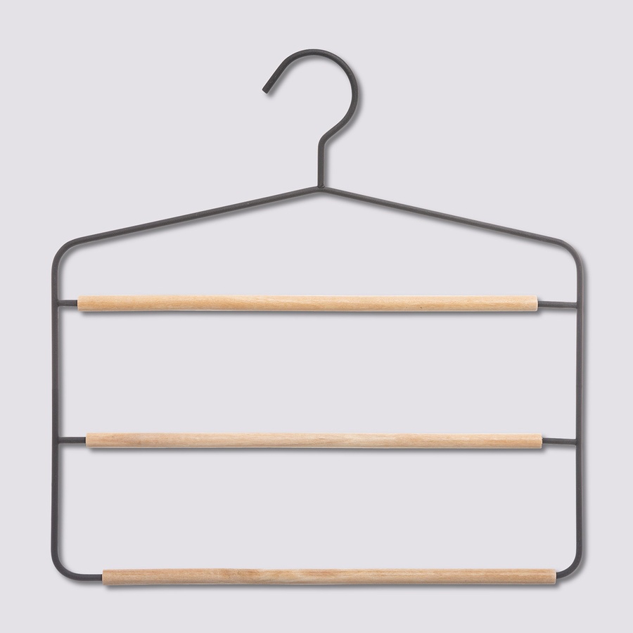 Hanger, Metal and Wood, STRONG 3-PANTS HANGER, 34 x H 36 cm, Black / Nataural