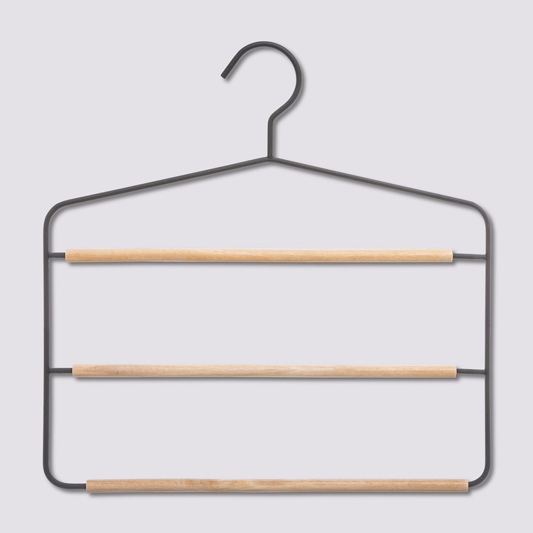Hanger, Metal and Wood, STRONG 3-PANTS HANGER, 34 x H 36 cm, Black / Nataural