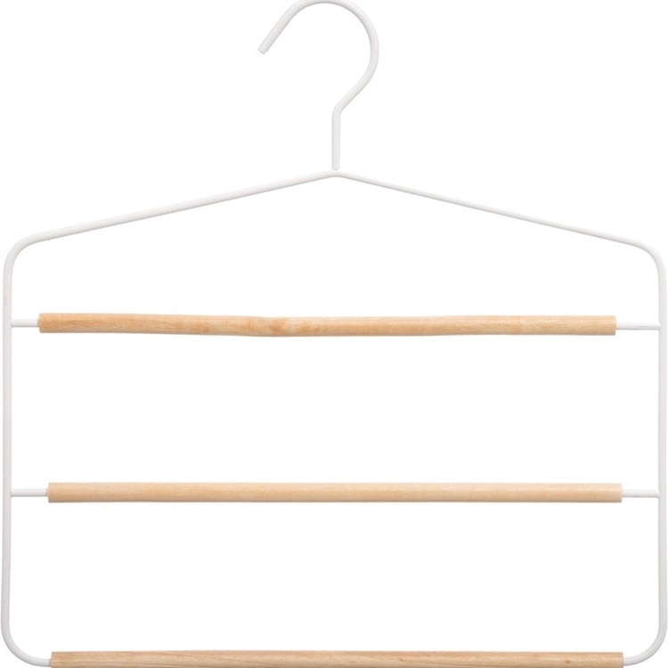 Hanger, Metal and Wood, STRONG 3-PANTS HANGER, 34 x H.36 cm, White/ Nataural