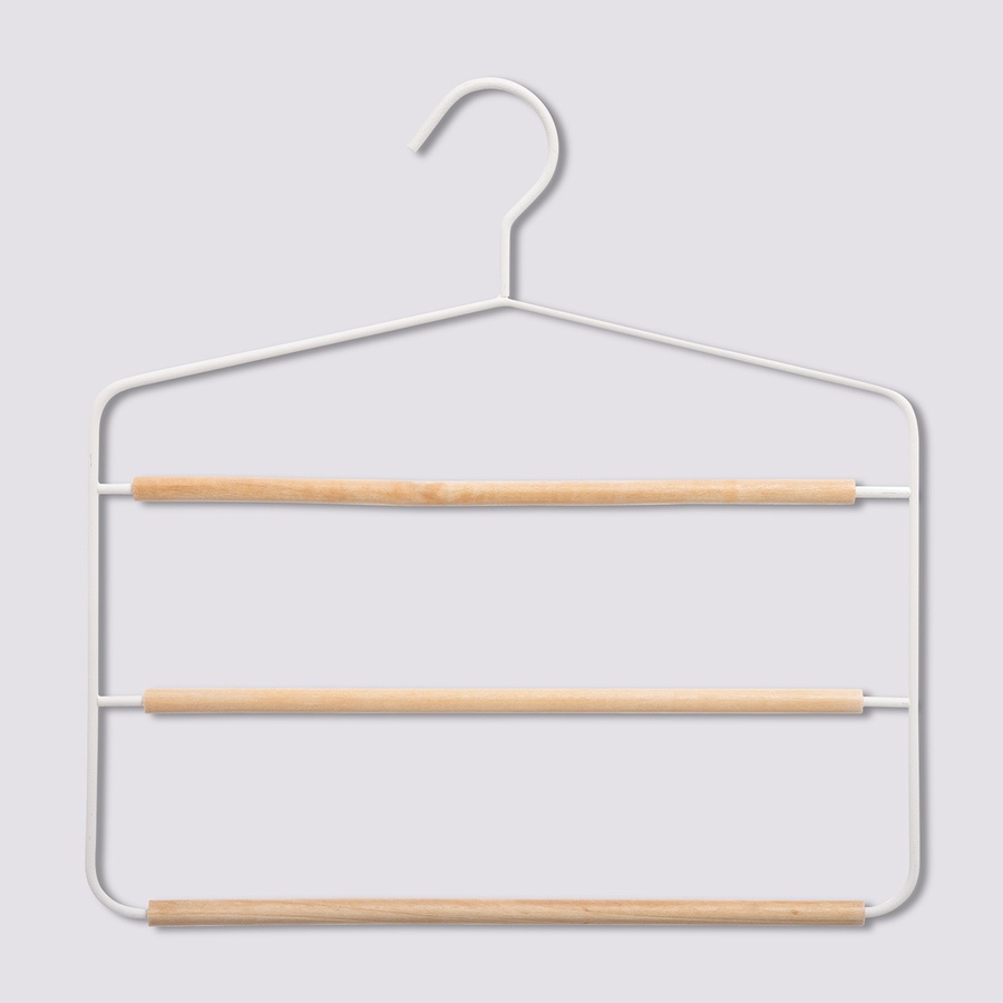 Hanger, Metal and Wood, STRONG 3-PANTS HANGER, 34 x H.36 cm, White/ Nataural