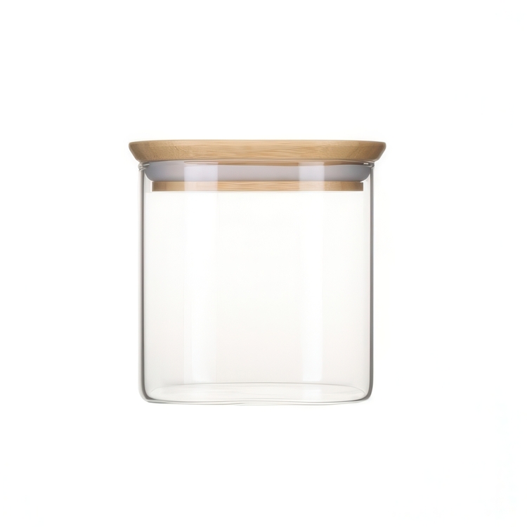 Glass Canister, 0,8 L, PEBBLY SQUARE SMALL, Clear / Bamboo