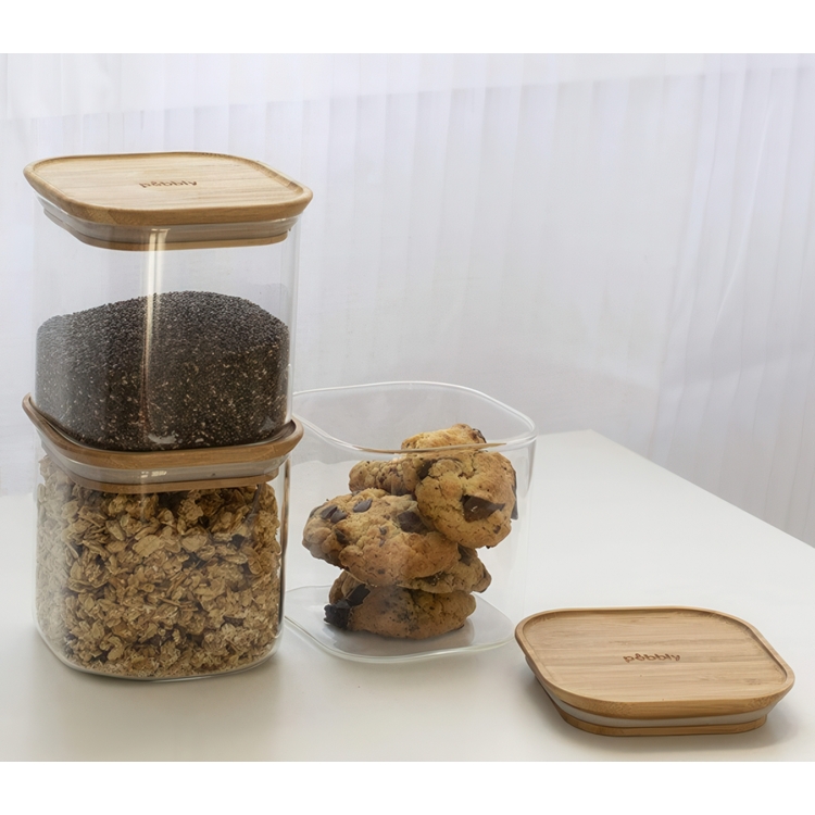 Glass Canister, 0,8 L, PEBBLY SQUARE SMALL, Clear / Bamboo