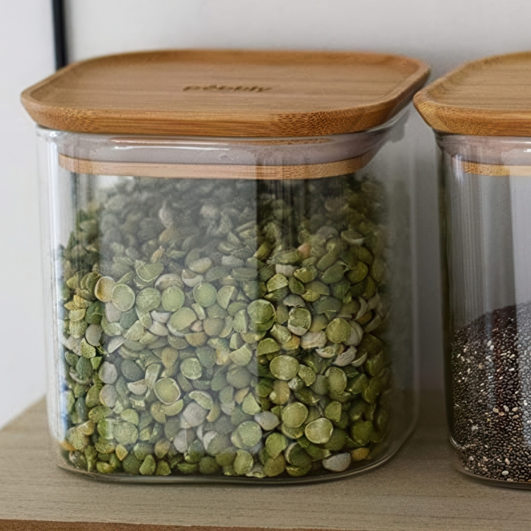 Glass Canister, 0,8 L, PEBBLY SQUARE SMALL, Clear / Bamboo