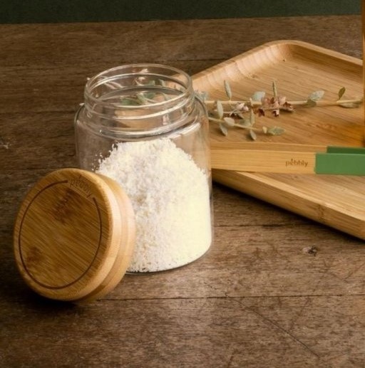 Jar with Bamboo Lid, 450 ml, PEBBLY SMALL ROUND POT, Ø 8 x H 12 cm, Clear / Nature