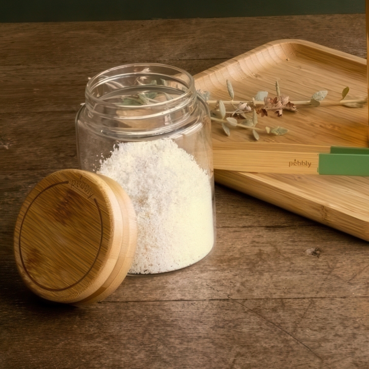 Jar with Bamboo Lid, 450 ml, PEBBLY SMALL ROUND POT, Ø 8 x H 12 cm, Clear / Nature