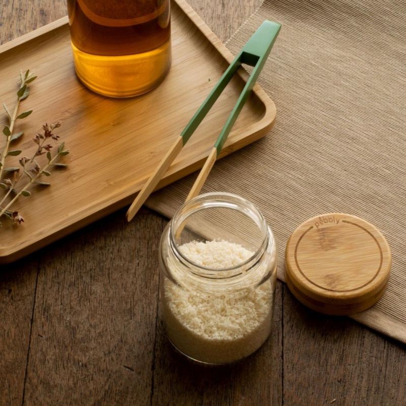 Jar with Bamboo Lid, 450 ml, PEBBLY SMALL ROUND POT, Ø 8 x H 12 cm, Clear / Nature