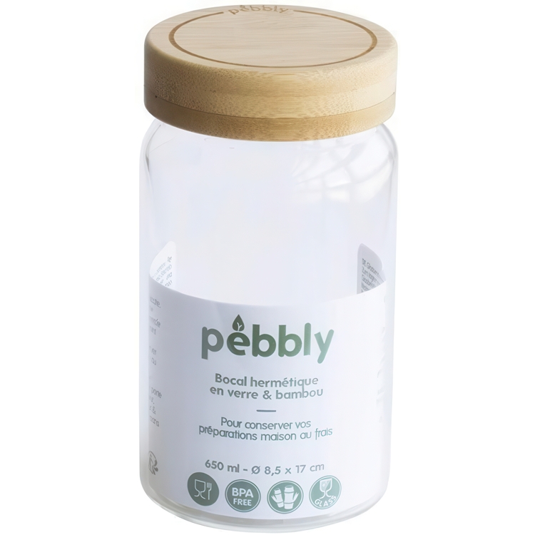 Jar with Bamboo Lid, PEBBLY MEDIUM ROUND POT, Ø 8,5 x H 17 cm, Clear / Nature