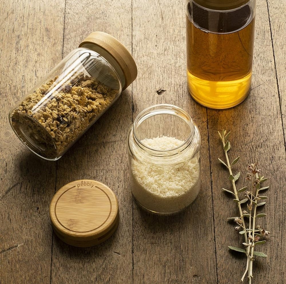 Jar with Bamboo Lid, PEBBLY MEDIUM ROUND POT, Ø 8,5 x H 17 cm, Clear / Nature