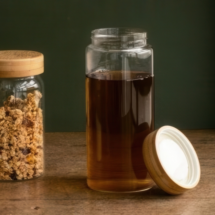 Jar with Bamboo Lid, PEBBLY LARGE ROUND POT, Ø 8,5 x H 21 cm, Clear / Nature