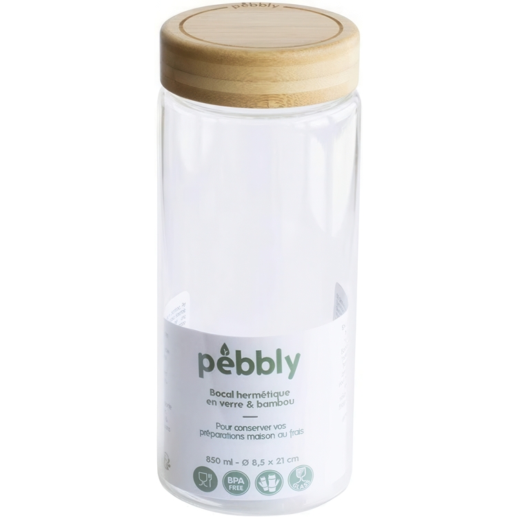 Jar with Bamboo Lid, PEBBLY LARGE ROUND POT, Ø 8,5 x H 21 cm, Clear / Nature