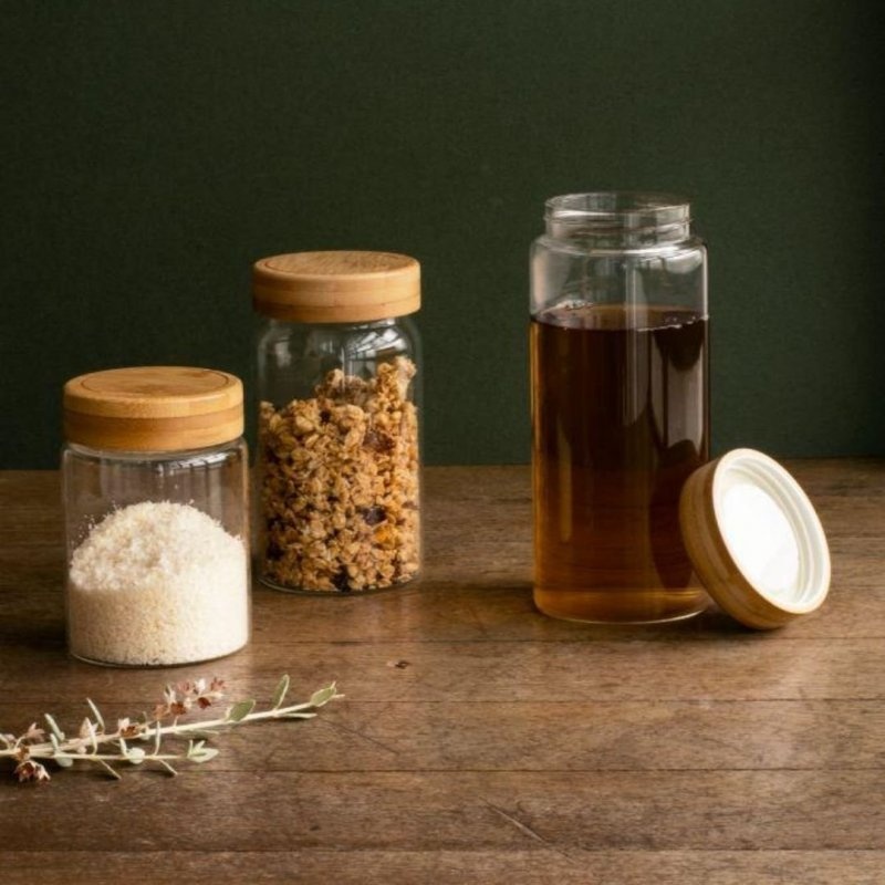 Jar with Bamboo Lid, PEBBLY LARGE ROUND POT, Ø 8,5 x H 21 cm, Clear / Nature