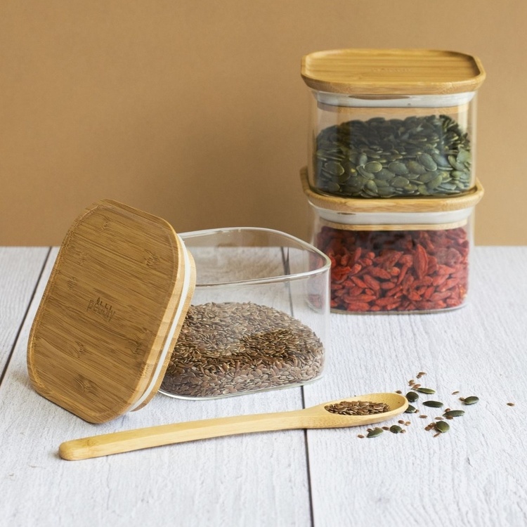 Glass Canisters, 0,5 L, Set of 3, PEBBLY SQUARE MINI, Clear / Bamboo