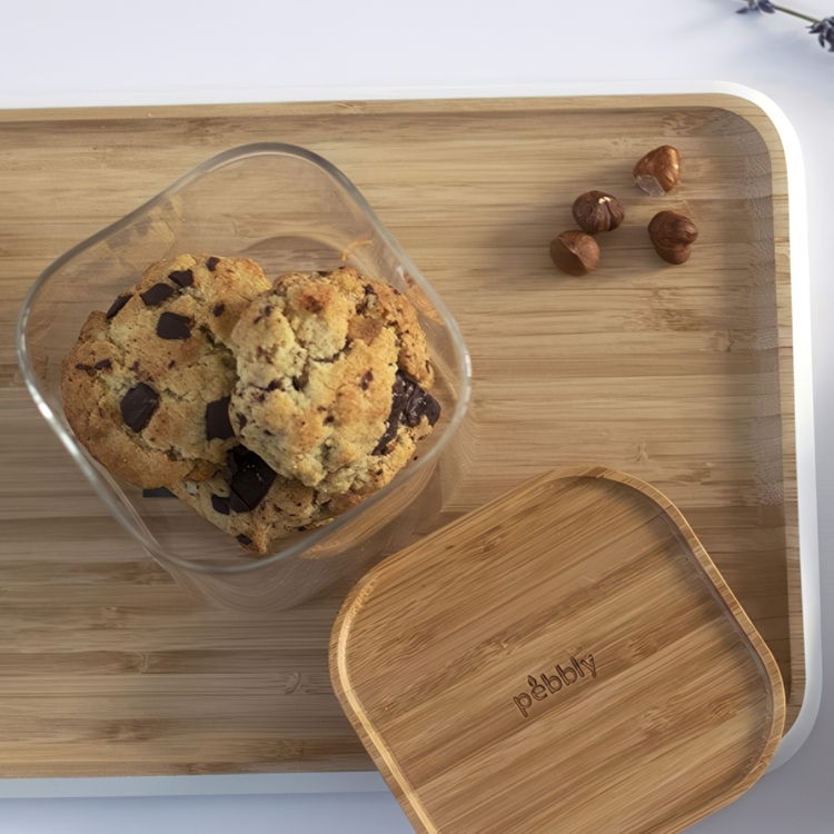 Glass Canisters, 0,5 L, Set of 3, PEBBLY SQUARE MINI, Clear / Bamboo