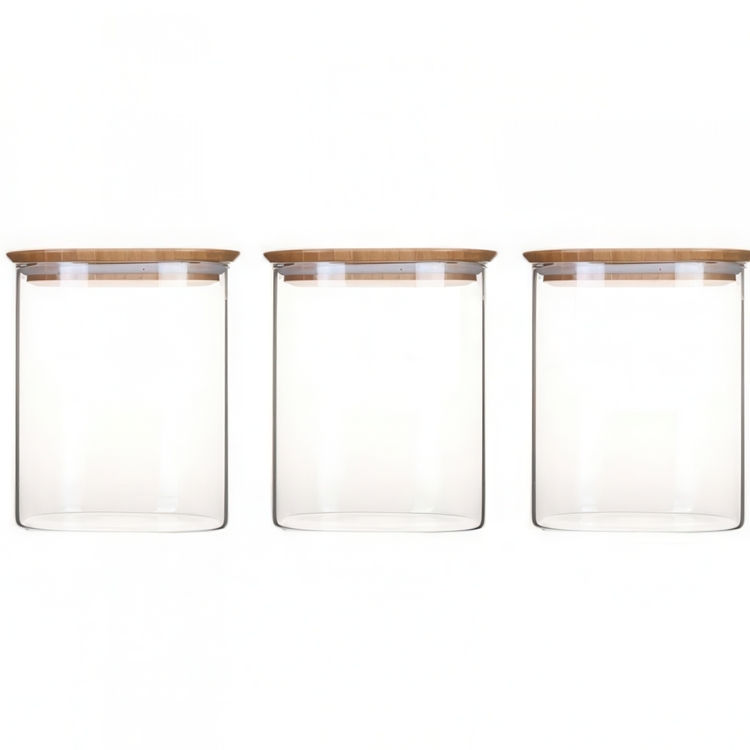 Glass Canisters, 0,8 L, Set of 3, PEBBLY SQUARE SMALL, Clear / Bamboo