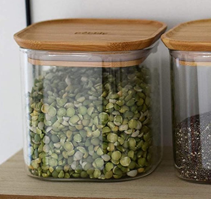 Glass Canisters, 0,8 L, Set of 3, PEBBLY SQUARE SMALL, Clear / Bamboo
