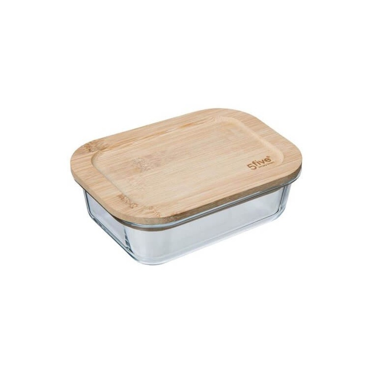 Glas Container with Bamboo Lid, 0,4 L, BOÎTE VERRE BAMBOU, 14,5 x 10,5 x H 5,5 cm, Clear / Nature
