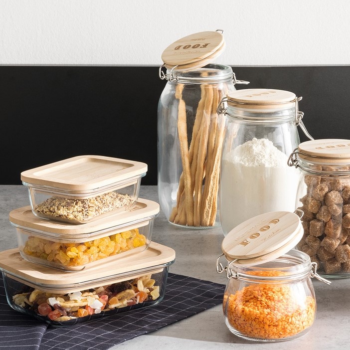 Glas Container with Bamboo Lid, 1 L, BOÎTE VERRE BAMBOU, 20 x 15 x H 6,7 cm, Clear / Nature