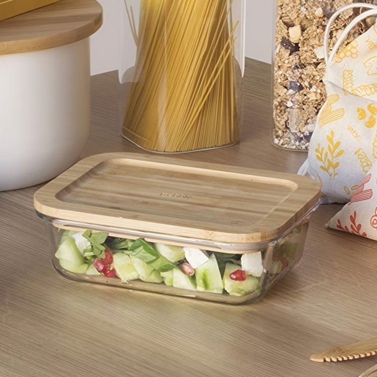 Glas Container with Bamboo Lid, 1 L, PEBBLY MEDIUM COOK & STORE, 20 x 15 x H6,5 cm, Clear / Nature