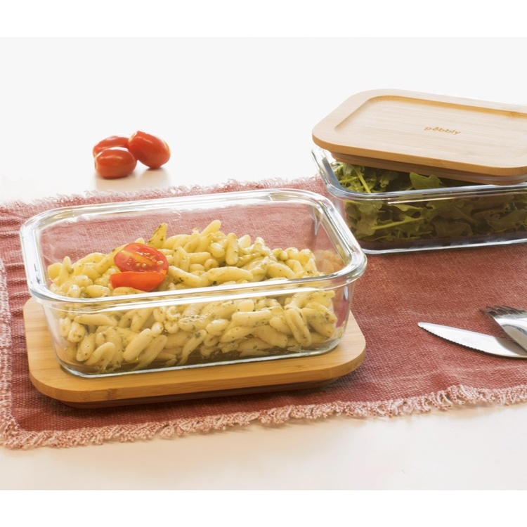 Glas Container with Bamboo Lid, 1 L, PEBBLY MEDIUM COOK & STORE, 20 x 15 x H6,5 cm, Clear / Nature