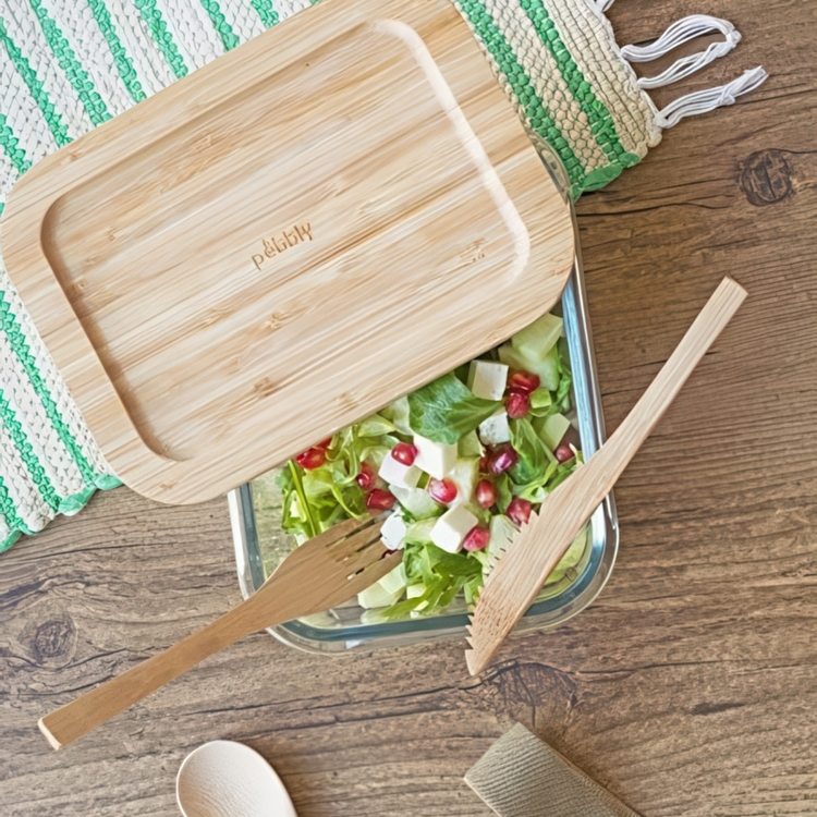Glas Container with Bamboo Lid, 1,8 L, PEBBLY XL COOK & STORE, 23 x 16,5 x H 8 cm, Clear / Nature