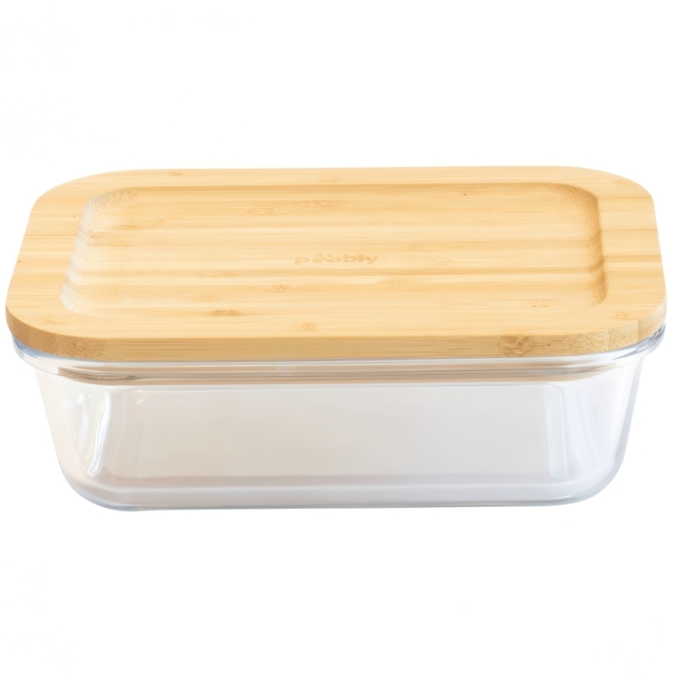 Glas Container with Bamboo Lid, 1,8 L, PEBBLY XL COOK & STORE, 23 x 16,5 x H 8 cm, Clear / Nature
