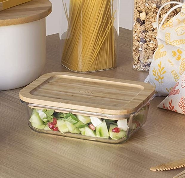 Glas Container with Bamboo Lid, 1,8 L, PEBBLY XL COOK & STORE, 23 x 16,5 x H 8 cm, Clear / Nature