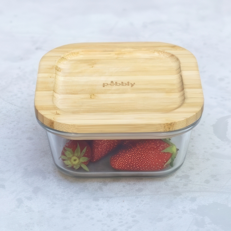Glas Container with Bamboo Lid, 520ml, PEBBLY SQUARE COOK & STORE, 13 x13 x H 7 cm, Clear / Nature