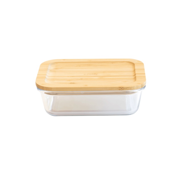 Glas Container with Bamboo Lid, 650ml, PEBBLY SMALL COOK & STORE, 17 x 12,5 x H6 cm, Clear / Nature