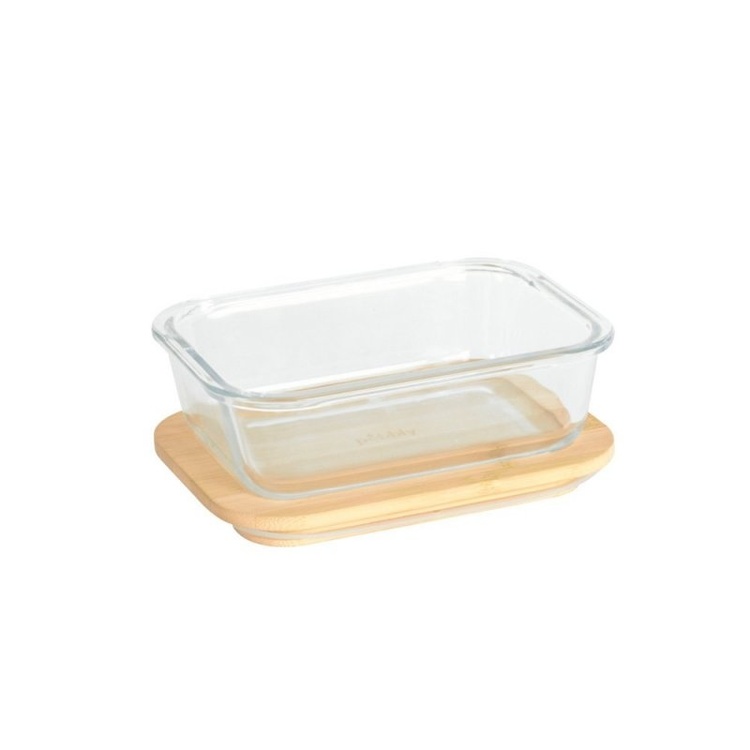Glas Container with Bamboo Lid, 650ml, PEBBLY SMALL COOK & STORE, 17 x 12,5 x H6 cm, Clear / Nature