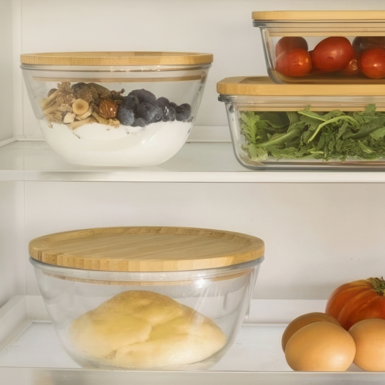 Glas Bowl with Bamboo Lid, 1,6L, PEBBLY MEDIUM ECO FRIENDLY BOWL, Ø 19 x H 11 cm, Clear / Nature