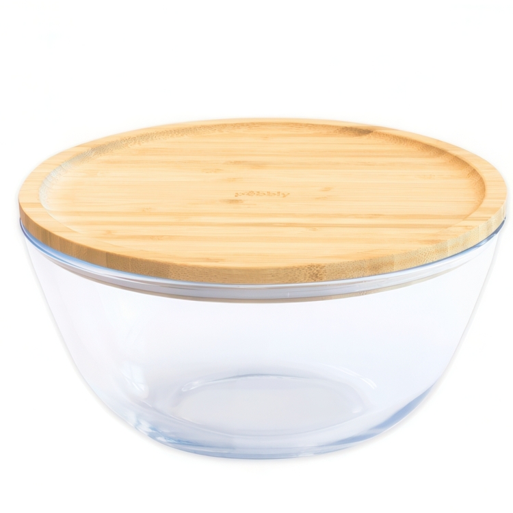Glas Bowl with Bamboo Lid, 2,6L, PEBBLY LARGE ECO FRIENDLY BOWL,Ø 23 x H 12 cm, Clear / Nature