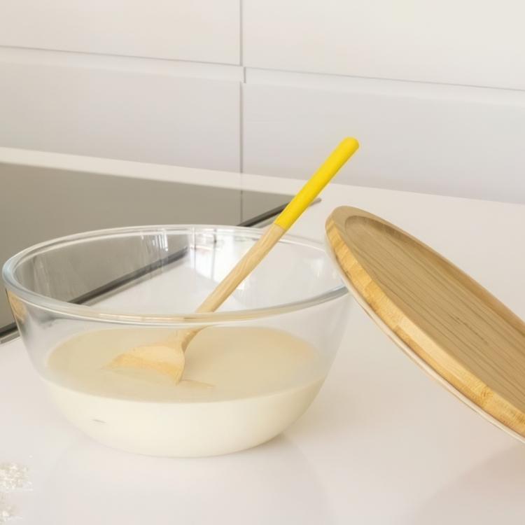 Glas Bowl with Bamboo Lid, 2,6L, PEBBLY LARGE ECO FRIENDLY BOWL,Ø 23 x H 12 cm, Clear / Nature