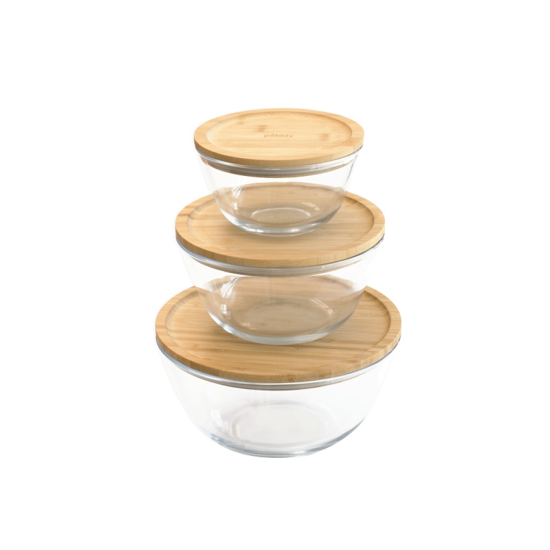 Glas Bowl with Bamboo Lid, 2,6L, PEBBLY LARGE ECO FRIENDLY BOWL,Ø 23 x H 12 cm, Clear / Nature