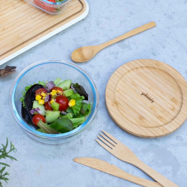 Glas Bowl with Bamboo Lid, 620ml, PEBBLY MINI ECO FRIENDLY BOWL, Ø 15 x H7 cm, Clear / Nature
