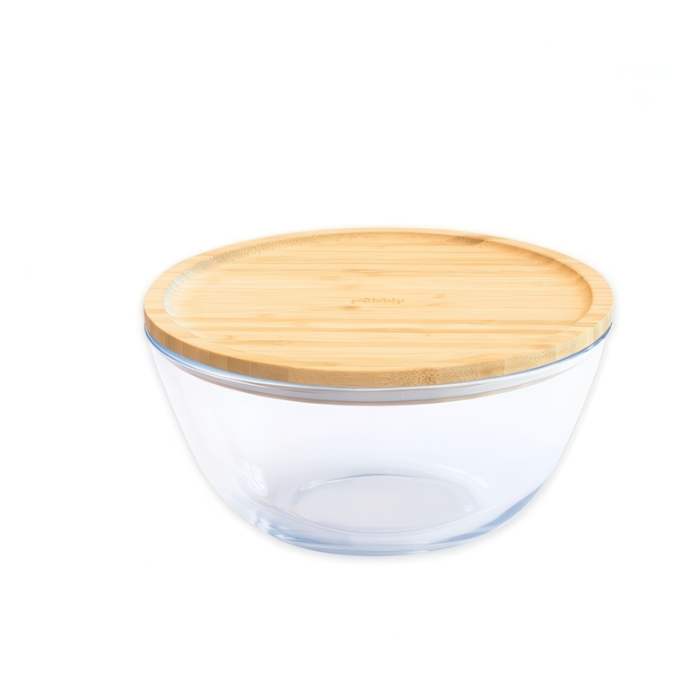 Glas Bowl with Bamboo Lid, 770ml, PEBBLY SMALL ECO FRIENDLY BOWL, Ø 15 x H 9 cm, Clear / Nature