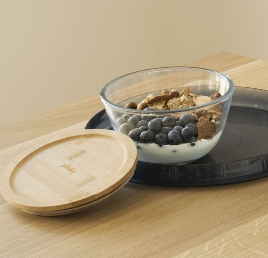Glas Bowl with Bamboo Lid, 770ml, PEBBLY SMALL ECO FRIENDLY BOWL, Ø 15 x H 9 cm, Clear / Nature