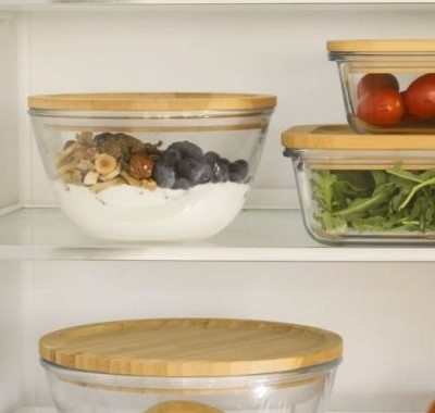 Glas Bowl with Bamboo Lid, 770ml, PEBBLY SMALL ECO FRIENDLY BOWL, Ø 15 x H 9 cm, Clear / Nature